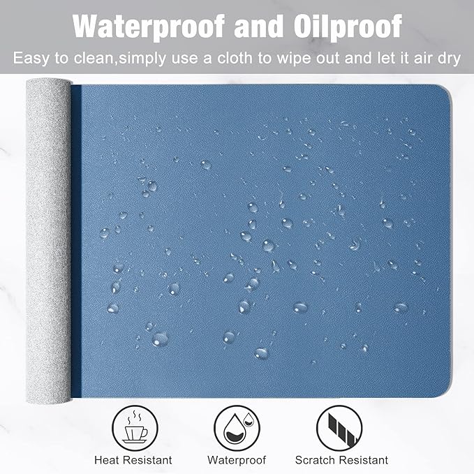 Hsurbtra Desk Pad, 35.5" x 17" PU Leather Desk Mat, XXL Extended Mouse Pad, Waterproof Desktop Blotter Protector, Non-Slip Ultra Thin Large Laptop Keyboard Writing Mat for Office Home, Dark Blue