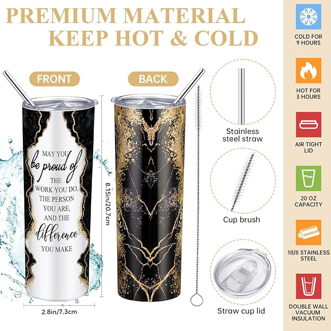 Domensi 6 Pcs Employee Appreciation Gift Set for Women Female Thank You Gift May You Be Proud 20 oz Rustic Marble Sign Tumbler Makeup Bag Journal for Teacher Nurse Lady Work Business(Black)