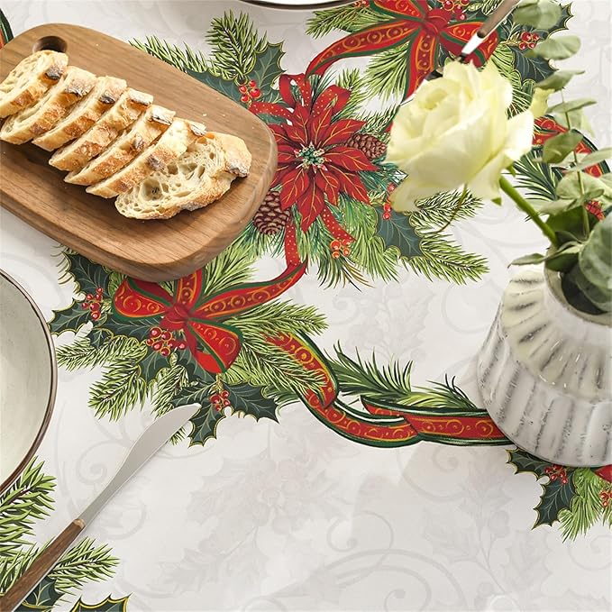 Horaldaily Christmas Tablecloth 60×84 Inch Oval, Poinsettia Golden Ribbon Washable Table Cover for Party Picnic Dinner Decor