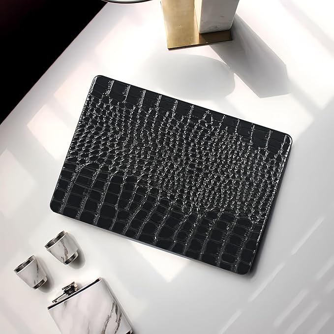 KEROM Compatible with Crocodile MacBook Air 13 inch Case 2021 2020 2019 2018 M1 A2337 A2179 A1932, Textured Elegant Luxury Aligator Skin Snakeskin PU Leather Hard Shell & Keyboard Cover, Shiny Black