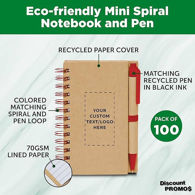 Custom Mini Spiral Notebooks with Black Ink Pens Set of 100, Personalized Bulk Pack - Perfect for School, Office, Business, Home - Red