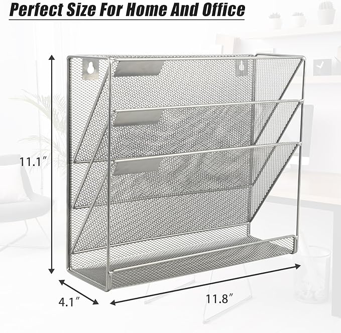 EASEPRES Desk File Organizer Mesh 4-Tier, Hanging Wall Mount Document Organization Stand, Desktop Vertical Mail Paper Folder Holder Rack with Bottom Tray for Office Home Cubicle Countertop, Silver