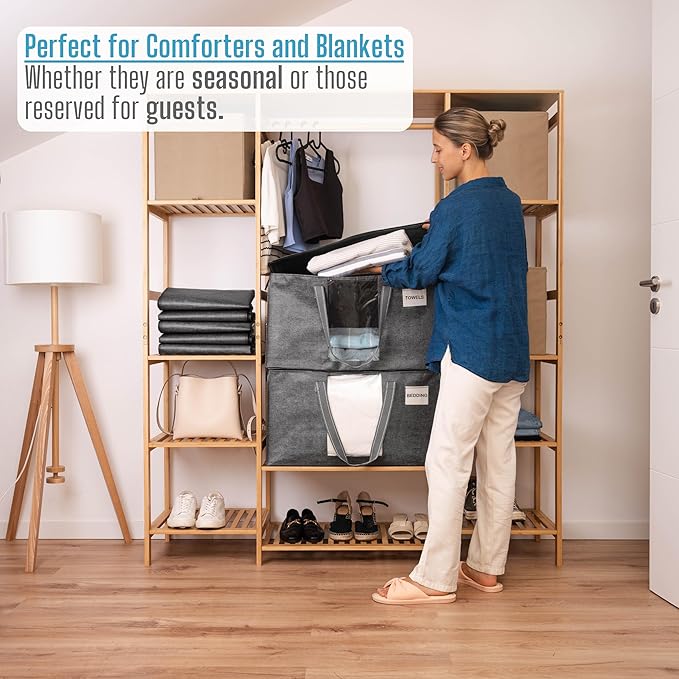 VENO 4 Pack Moving Bags, Comforter and Blanket Storage Bags for Closet, Moving Boxes, Boxes with Lids Alternative, College Dorm Packing Supplies, Foldable Heavy-Duty Tote with Window (Gray, 4 Pack)