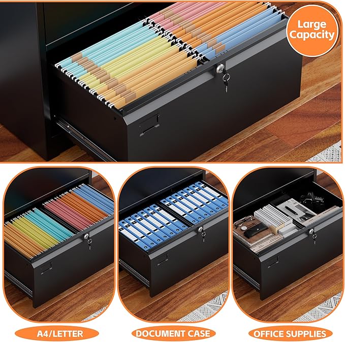 4 Drawer Lateral File Cabinet, Metal Lateral File Cabinets with Lock, Legal Size Steel Lateral Filing Cabinet for Office and Home