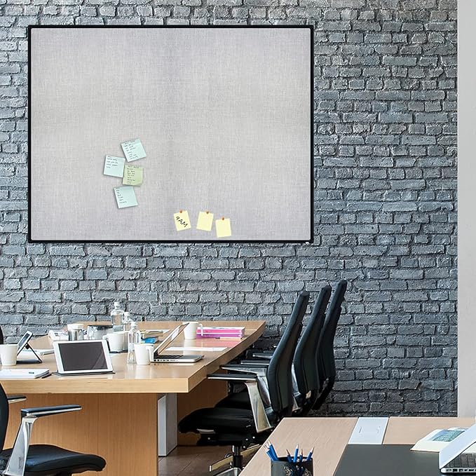 JILoffice Cork Linen Bulletin Board 48 X 36 Inch (Grey), Black Aluminum Frame Wall Mounted Board Memo Pin Board for Office Home and School