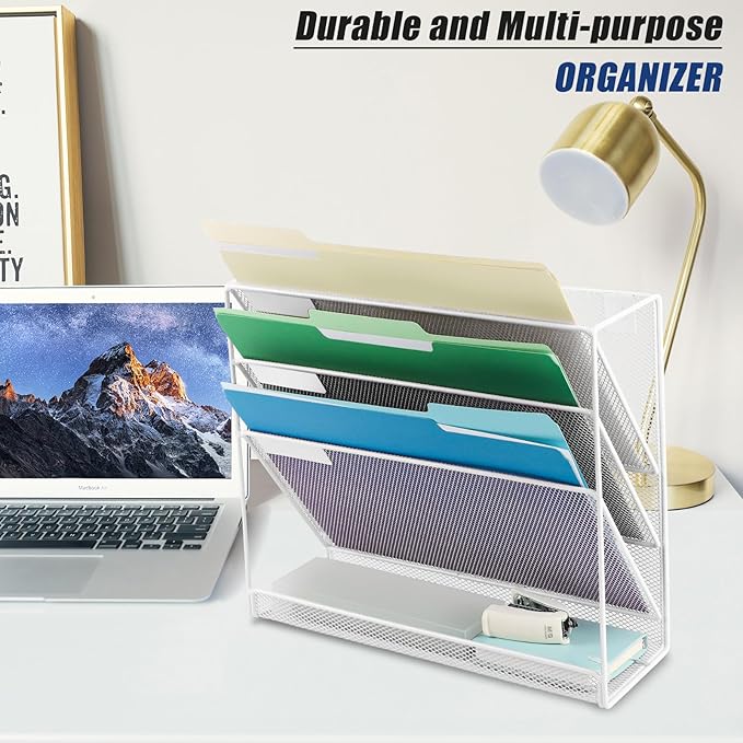 EASEPRES Desk File Organizer Mesh 4-Tier, Hanging Wall Mount Document Organization Stand, Desktop Vertical Mail Paper Folder Holder Rack with Bottom Tray for Office Home Cubicle Countertop, White