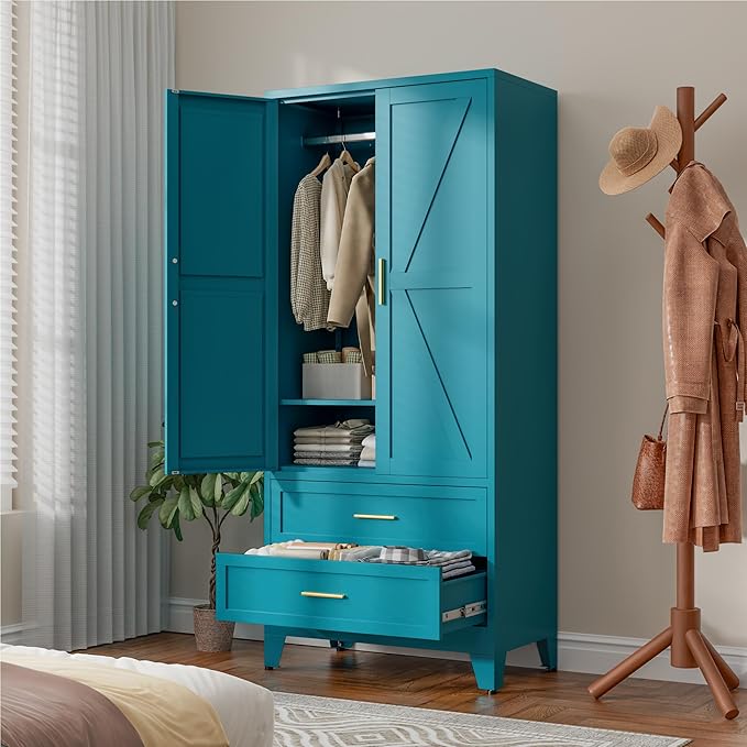 71" Tall Metal Wardrobe Cabinet with 2 Drawers and Hanging Rod, 2 Doors Armoire Wardrobe Closet with Shelf for Bedroom, Office, Laundry Room, Blue
