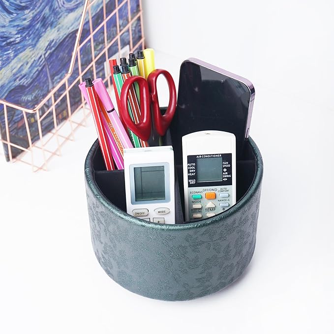 lizimandu Round Leather Art Supply Organizer,Remote Control Holder,360 Degree Spinning,Multi-Functional Pencil Holder,4 Compartments Desktop Stationary Organizer(1-Liuli Green)