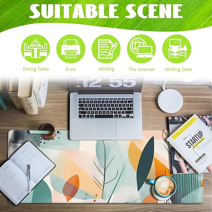 Desk Pad, Abstract Colorful Leaves Desk Mat, Large Gaming Mouse Pad with Non-Slip Base and Stitched Edge, 31.5"x11.8"