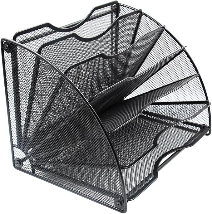 EasyPAG Desk File Organizer, 6-Section Vertical File Folder Holder Stand, Fan-Shaped Metal Rack File Sorter for Office Classroom Desktop Organization, Black
