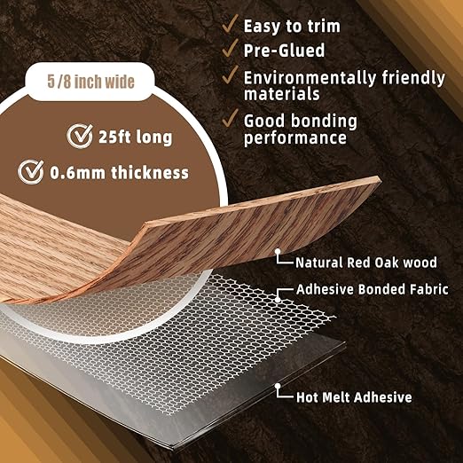 GSCIT Club Red Oak Edge Banding, 5/8 inch x 25ft roll of Veneer Edge Banding Preglued Flexible, Wood Tape Banding for Cabinet Repair