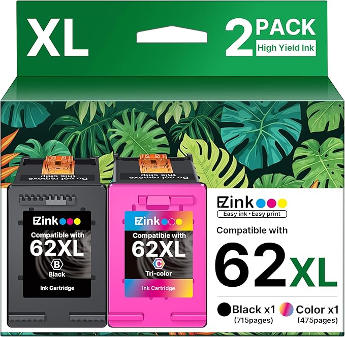 62XL Ink Remanufactured Ink Cartridges for HP 62 Ink 62XL Ink Cartridges Black and Color High Yield Use with HP Envy 5540 5640 5660 7644 OfficeJet 5740 5741 8040 200 250 Series Printer(2-Pack)