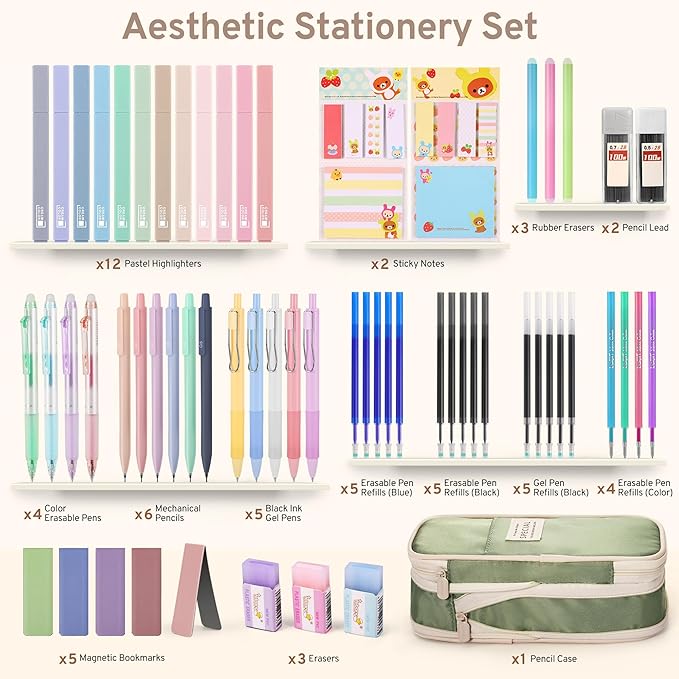 DazSirit 62 PCS Aesthetic School Supplies with Foldable Pencil Case, 12 Pastel Highlighters, 4 Erasable Pens, 5 Gel Pens, 6 Mechanical Pencils, Sticky Notes, Complete Stationery Kit for Teens, Green
