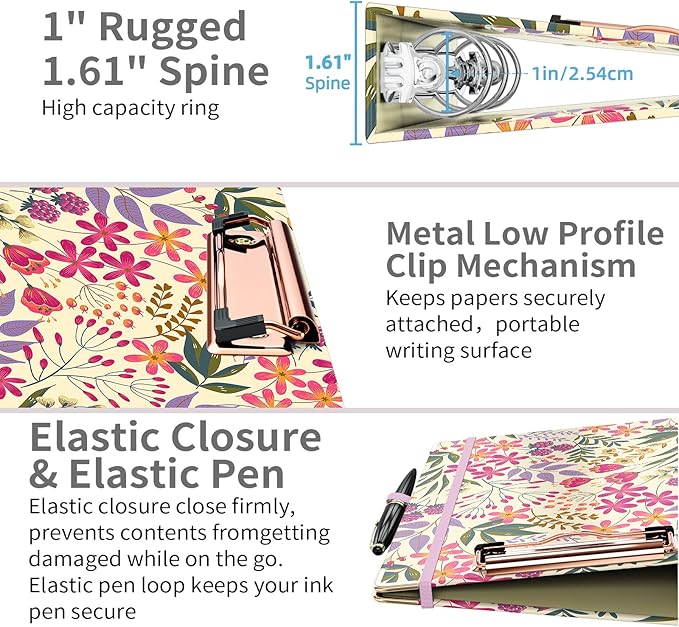 Ospelelf Mini 3 Ring Binder, 1 Inch, Cute Floral Binder for 5.5" x 8.5" with 5 Tab Dividers, File Folder Labels and Low Profile Clipboards