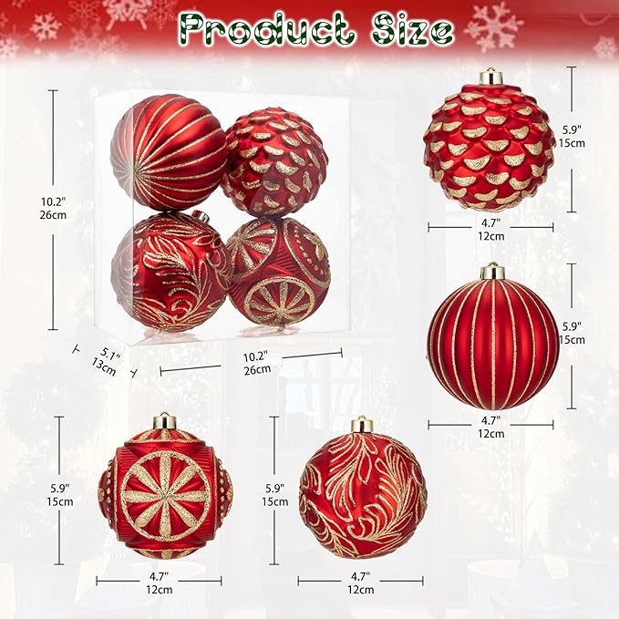 Hollyone 4.7 Inch Large Red and Gold Christmas Ornaments Ball 4Pcs Christmas Tree Balls Ornaments Shatterproof Christmas Ornaments for Xmas Tree Decor Party Wreath Home Decor (Red & Gold, 120mm)