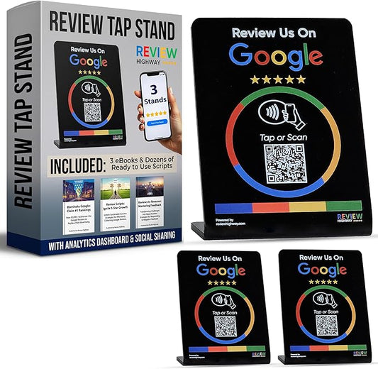 NFC Tap Stand (3-Pack) by Review Highway - Compatible with Google Reviews - NFC Tap & QR Scan for Instant Reviews - Boost SEO - iPhone/Android Compatible – Reusable and Zappy Fast (Black, 3 Stands)