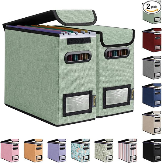 BALEINE File Organizer Box with Lid, Collapsible File Folder Organizer with Plastic Slide, Hanging File Folder Box for Office Document Storage (2 Pack, Green, S)