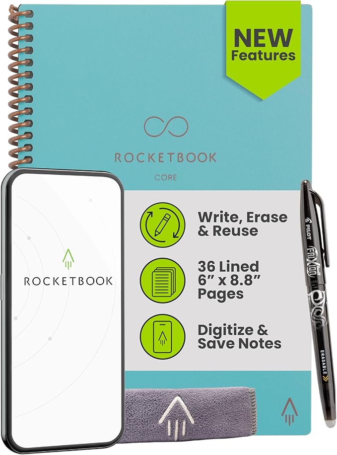 Rocketbook New Core Reusable Spiral Notebook, Executive Size 6x8.8, Teal - Lined Pages, App-Connected, Erasable, Durable Cover, Ideal for School, Work, and Creative Projects