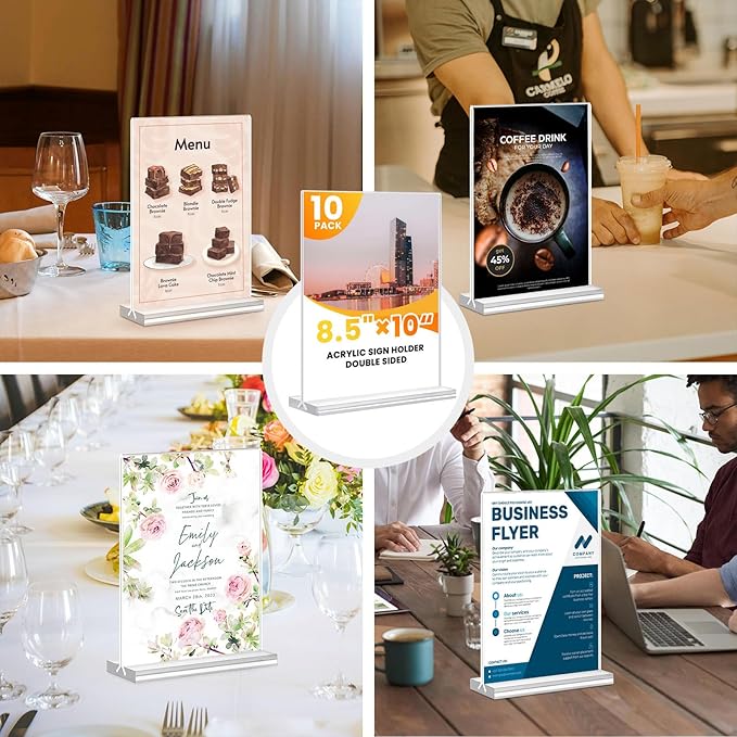 Acrylic Sign Holder 8.5x11, 10 Pack Clear Table Plastic Vertical Clear Double Sided Flyer Display, Picture Menu Stand Paper Holder Photo Sign Holder Suitable for Restaurants Office Store Show Fair