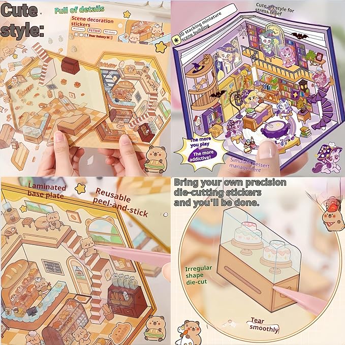 selgratwin DIY 3D Sticker Scenes for Adults Kids Reusable Cute Scene Stickers with Tweezer and Gem Stickers DIY Fun Mini Shops,playgrounds,Dream Houses Sticker Therapy Relief Stress ﻿Pass The time