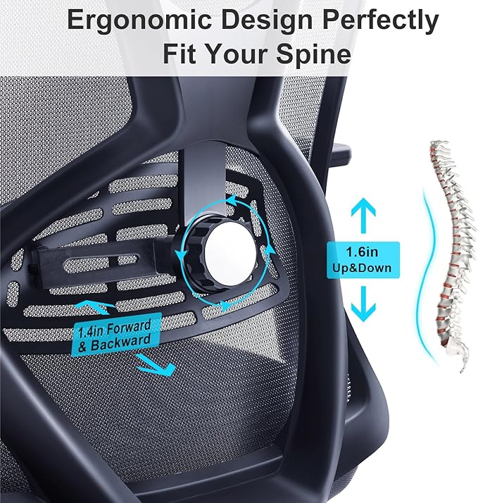 Ticova Ergonomic Office Chair - High Back Desk Chair with Adjustable Lumbar Support, Headrest & 3D Armrest - 130°Rocking Mesh Computer Chair