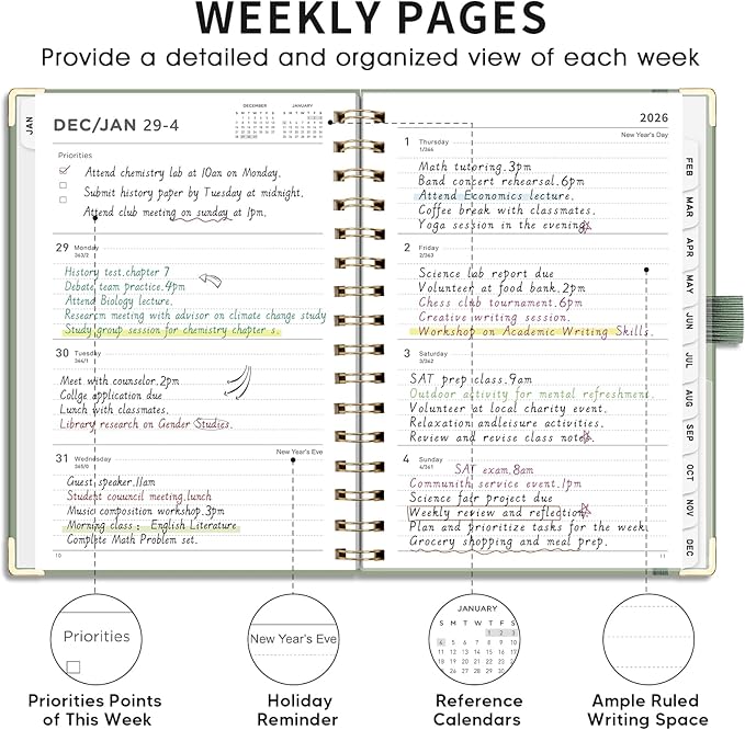 AHGXG 2026 Planner, Weekly and Monthly, 2026 Calendar, Jan 2026 - Dec 2026, Hardcover with Monthly Tabs, 100 GSM Thick Paper, for Women School Home Office Supplies, 6" X 8.38", Sage Green