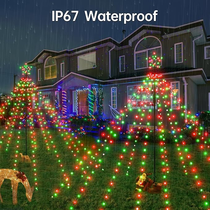 Christmas Lights Tree 340LED with Topper Star, IP67 Waterproof Remote Control Waterfall Lights with Pole, 16 Modes 3 Timers Dimmable Christmas Decorations for Outdoor Yard (Red&Green)