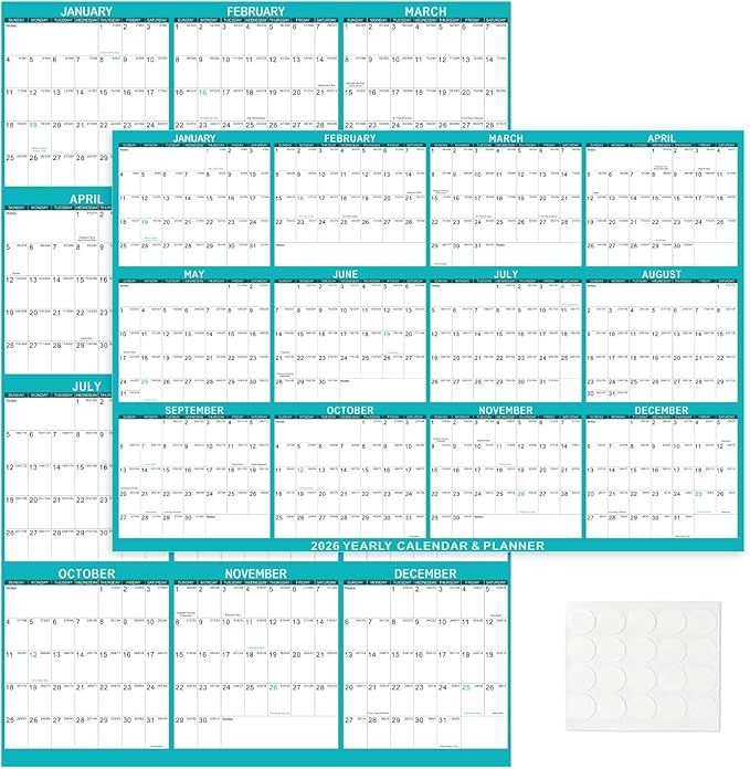 2026 Wall Calendar 24" x 36" Dry Erase Calendar for Wall from January 2026 to December 2026 12 Month Annual Large Yearly Wall Planner for Office School(Green)