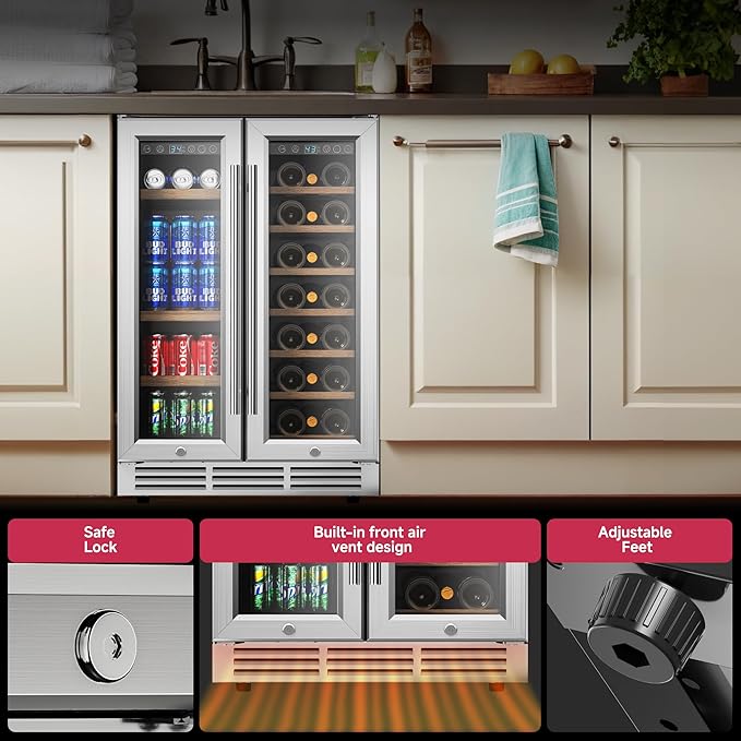 24" Wine and Beverage Refrigerator, Dual Zone Wine Cooler with Glass Door, Hold 88 Cans & 21 Bottles, Built in or Freestanding Under Counter Wine Fridge with Blue LED Light.