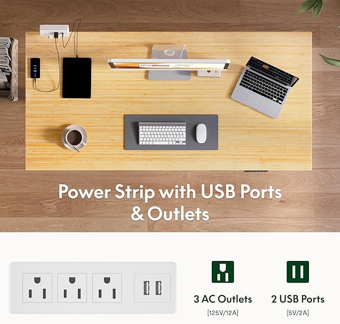 FLEXISPOT EN2 Whole-Piece Bamboo Standing Desk with Clamp Power Strip, 48 x 24 Electric Stand Up Height Adjustable Desk with Cable Management (White Frame + 48" Bamboo Top, 2 Packages)