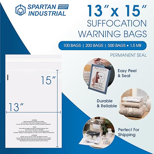 Spartan Industrial - 13” X 15” (100 Count) Self Seal Clear Poly Bags with Suffocation Warning for Packaging, T Shirts & Shipping- Permanent Adhesive