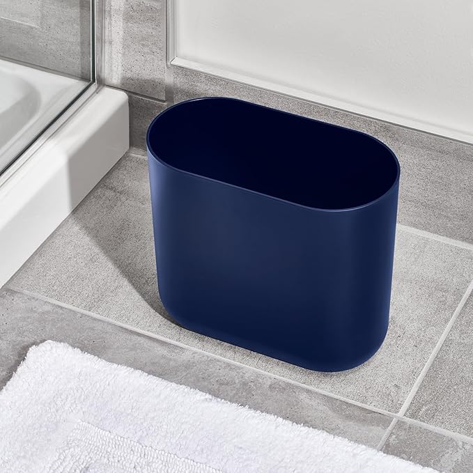 iDesign Small Oval Plastic Trash Ideal for Bathroom, Bedroom, or Office-Navy Blue Waste Can