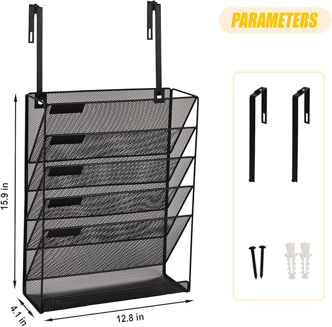 EASEPRES Desk File Organizer Mesh 6-Tier with Hangers, Hanging Wall Mount Document Organization Stand, Desktop Vertical Mail Paper Folder Holder with Bottom Tray for Office Home Cubicle, Black