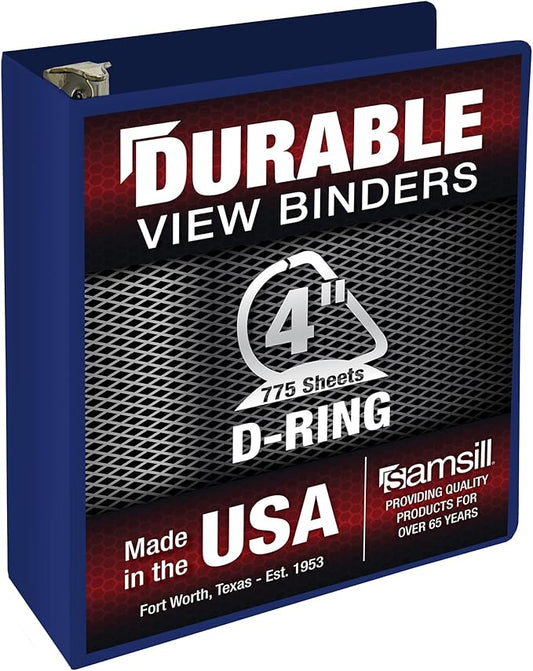 Samsill Durable 4 Inch Binder, Made in The USA, Locking D Ring Binder, Customizable Clear View Cover, Dark Blue, Holds 775 Pages