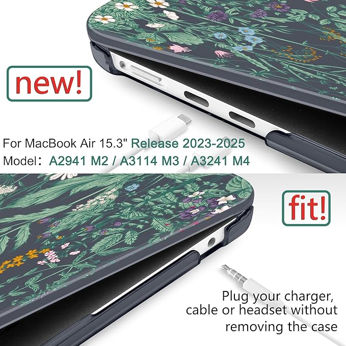 DONGKE Compatible with M4 MacBook Air 15 inch Case 2025 2024 2023 A3241 A3114 A2941 M3 M2 Liquid Retina Display Touch ID, Plastic Hard Case & Keyboard Skin & Screen Protector - Garden Florals