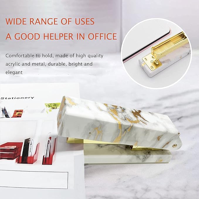 Gold Marble Desk Accessories, Office Supplies Set Stapler Set Staple Remover, Tape Holder, Pen Holder, 2 Ballpoint Pen, Scissor, Binder Clips, Paper Clips and 1000pcs Staples.