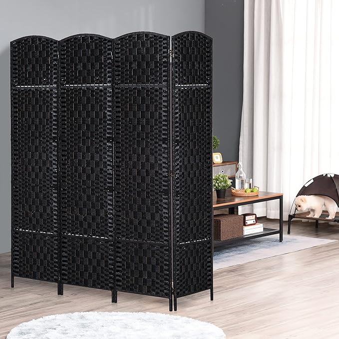 NicBex Room Divider 4 Panel Room Dividers with Woven Rattan Design Partition Room Dividers and Folding Privacy Screens 6 FT Wall Divider for Office, Room Separation,70.75"W x 0.75"D x 70.75"H, Black