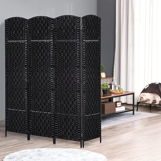 NicBex Room Divider 4 Panel Room Dividers with Woven Rattan Design Partition Room Dividers and Folding Privacy Screens 6 FT Wall Divider for Office, Room Separation,70.75"W x 0.75"D x 70.75"H, Black