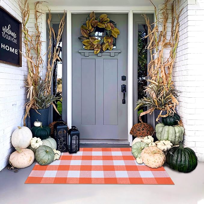 Orange and White Plaid Rug, 28'' x 43'' Fall Front Door Decor Mat, Cotton Washable Hand-Woven Door mat for Layered Doormat, Autumn Halloween Thanksgiving Carpet for Porch, Entryway