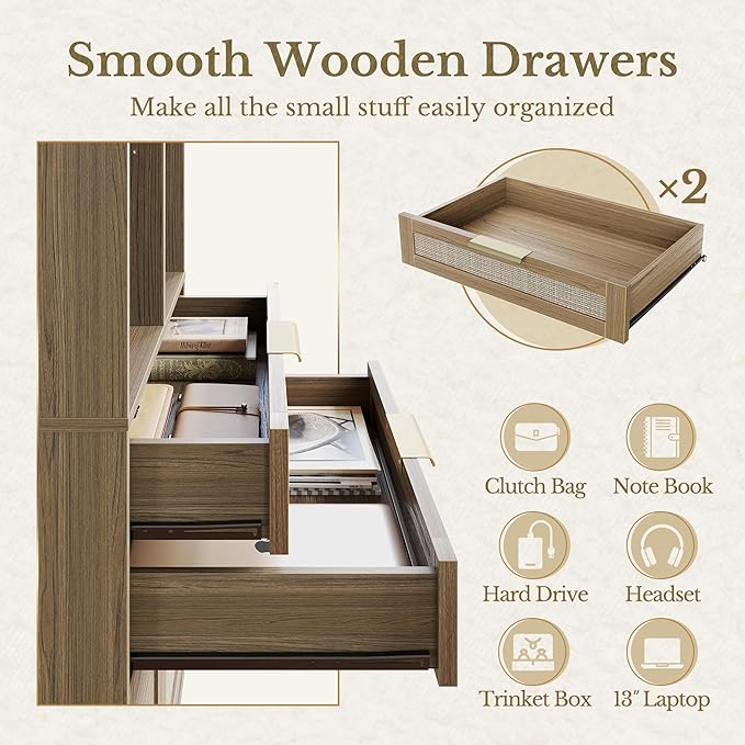 Bookshelf with 2 Drawers and Doors, 73 Inch Rattan Tall Bookcase with 4-Tier Storage Shelves, Wooden Book Shelf for Home Office, Light Oak