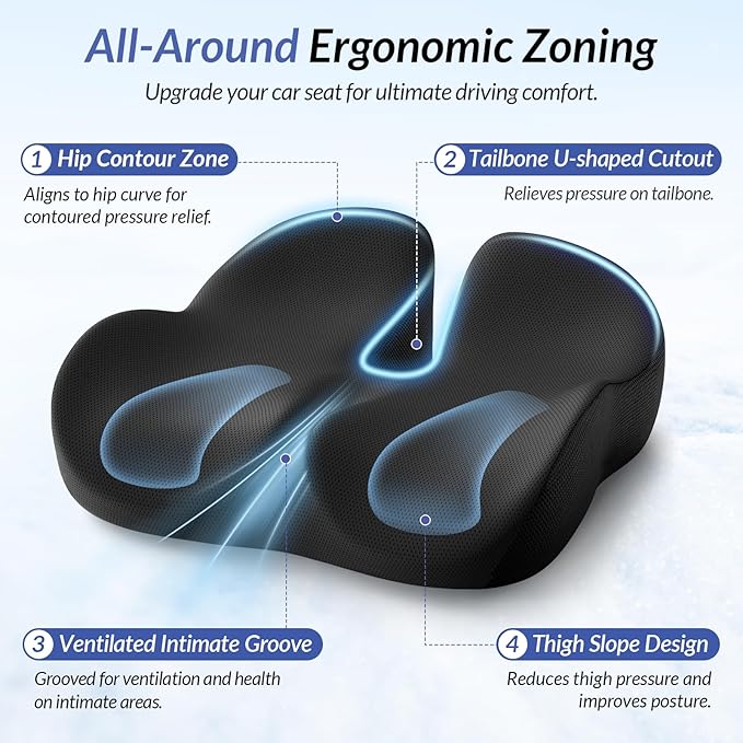 ZIKEE Gel Seat Cushion for Office Chair and Car Seat with Ergonomic Zoning, Memory Foam Chair Cushion for Sciatica, Lower Back, Tailbone Pain Relief and Intimate Ventilation, Non-Slip & Airy Cover