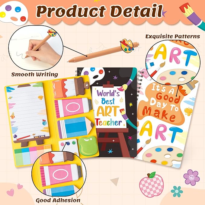 B1ykin Stationery Gift Set - 3Pcs Notebook Sticky Notes, A5 Spiral Notebooks & 550 Sheets Cute Sticky Notes with Pens Kit for Office School Teacher Thanksgiving Supplies (Art Teacher)