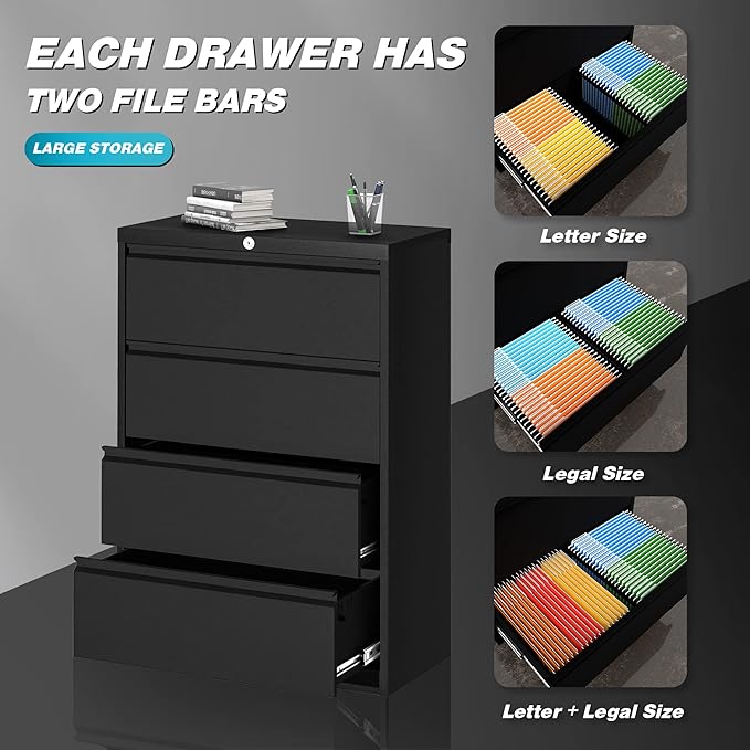 4 Drawer Lateral File Cabinet, Metal Lateral File Cabinets with Lock, Legal Size Steel Lateral Filing Cabinet for Office and Home