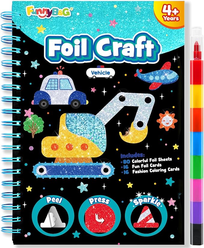 FUNNYB&G Foil Art Craft for Kids - Christmas Crafts Gift Party Favors Stocking Stuffers for Kids Fun Art Supplies Creative Birthday Gift Travel Toys for Girls Boys 4 5 6 7 8 9 Years Old (Vehicle)