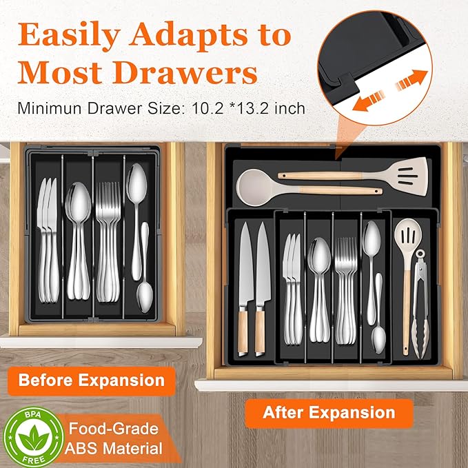 Silverware Organizer - Expandable Kitchen Drawer Organizer, Adjustable Silverware Drawer Organizer, Plastic Cutlery Tray for Forks, Knives, Kitchen Drawer Organizers and Storage, Black