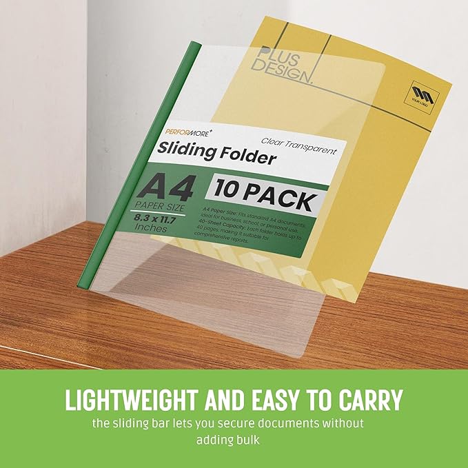 PERFORMORE Clear Report Covers, 10 Pcs Transparent Presentation File Folders, Plastic File Folder with Sliding Bar, A4 Paper Size with 40 Sheet Paper Capacity