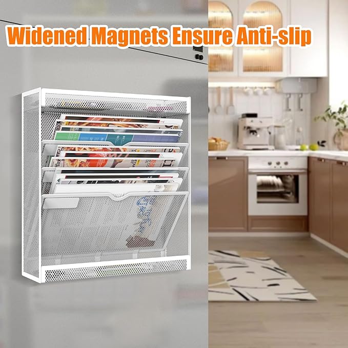 5 Tier Magnetic File Holder, No Drilling Wall File Organizer, Magazine Paper Mail Document Holder/Magnetic Hanging File Organizer for File Cabinets,Whiteboard refrigerator,Office,Classroom (White)