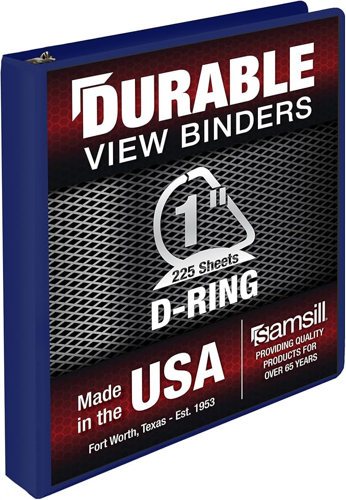 Samsill Durable 1 Inch Binder, Made in The USA, D Ring Binder, Customizable Clear View Cover, Blueberry, Holds 225 Pages