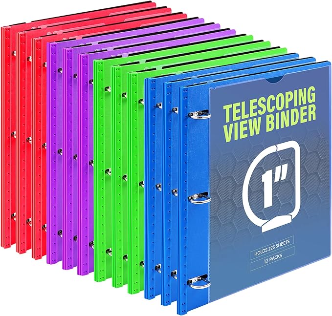 WOT I 1 Inch Telescoping 3 Ring Binder 12 Pack, Expandable Flexible Binder with Customizable Front Cover & Clear Catalog Pocket, Holds 225 Sheets, Assorted Colors, School Office Supplies