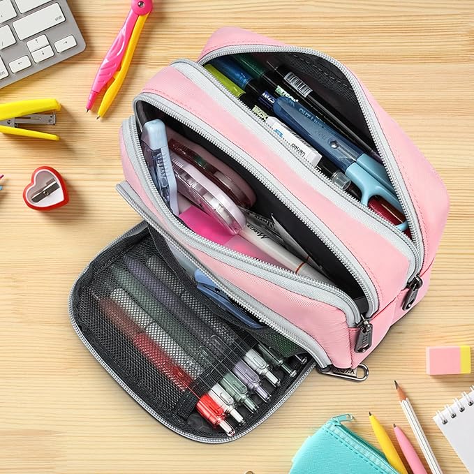 XQXA Pencil Pouch Cute Large Pencil Case Organizer, Multifunctional Big Capacity Pencil Pouch with 3 Compartmens, aesthetic school supplies Pencil Bag for Office Travel Men Women (01-Cherry Pink)
